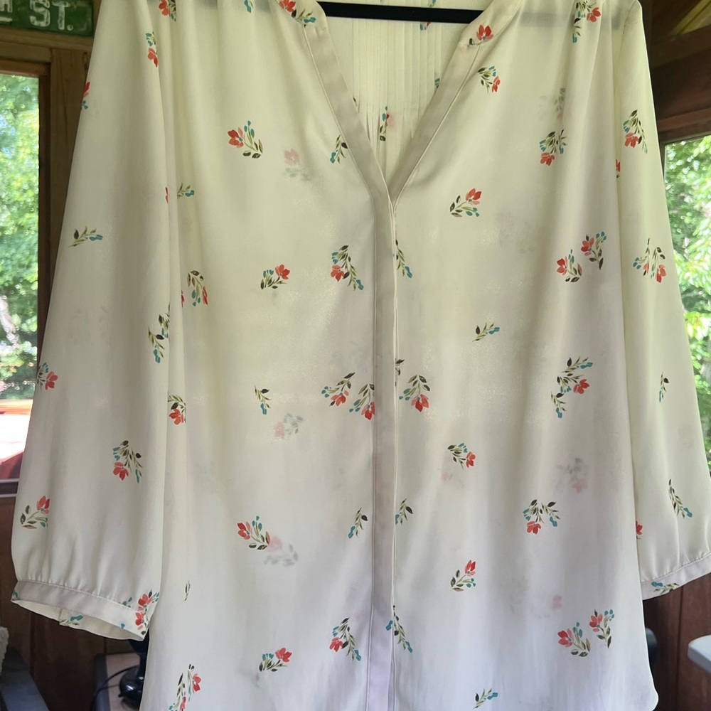 NYDJ Cream Blouse with Coral & Teal Floral Print